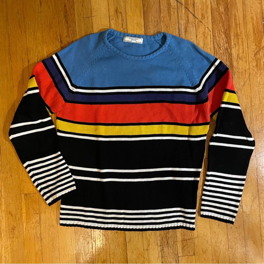 Zara Multicolor Striped Crewneck Sweater - Blue, Red, Yellow, Black, White